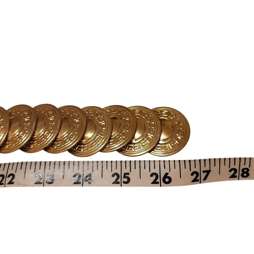 Vtg. Boho Festival Gold Tone Medallion Coin Stretch Metal Belt Greek Key Design